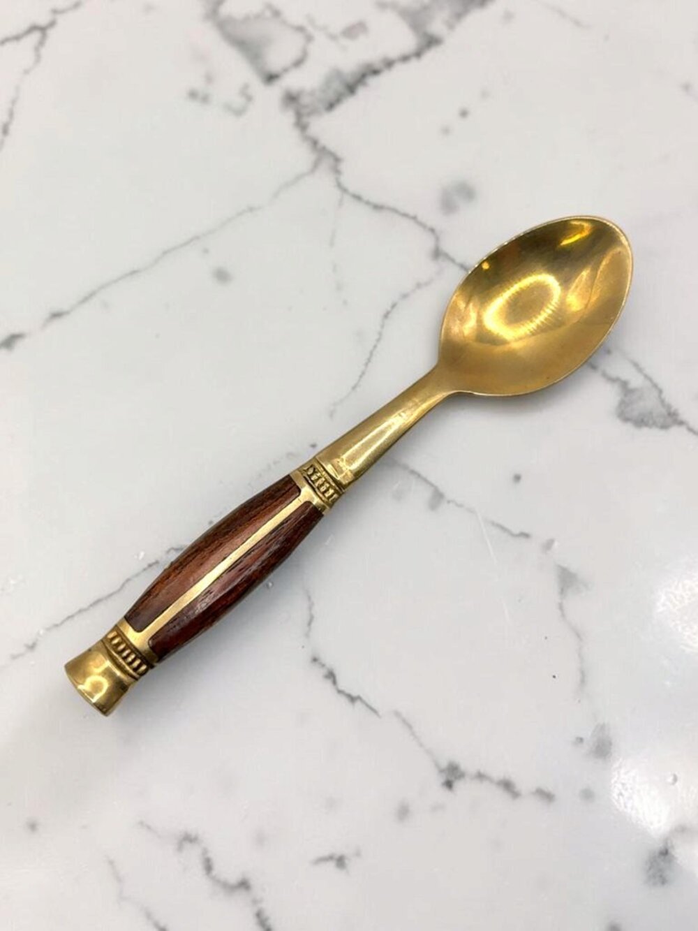 Vintage Thailand Demitasse Bronze Spoon with Wooden Handle
